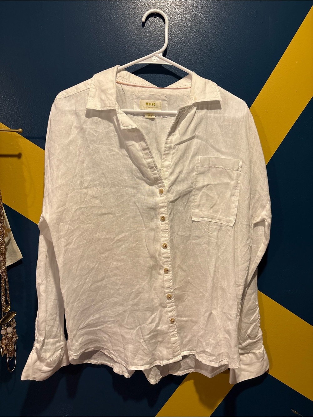 Anthropologie Maeve White Linen V-Neck Long Sleeve Button Down Shirt NWOT